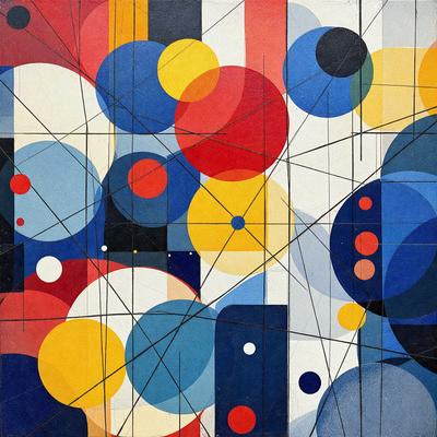 The primary subject of the image is a colorful and abstract painting featuring a variety of shapes and colors. The setting is a canvas, and the visual style is a mix of digital art and illustration. The dominant colors in the painting are red, yellow, blue, and orange, creating a vibrant and lively atmosphere. The painting is likely intended to evoke a sense of movement and energy, as the shapes and colors are interconnected and flow throughout the canvas.